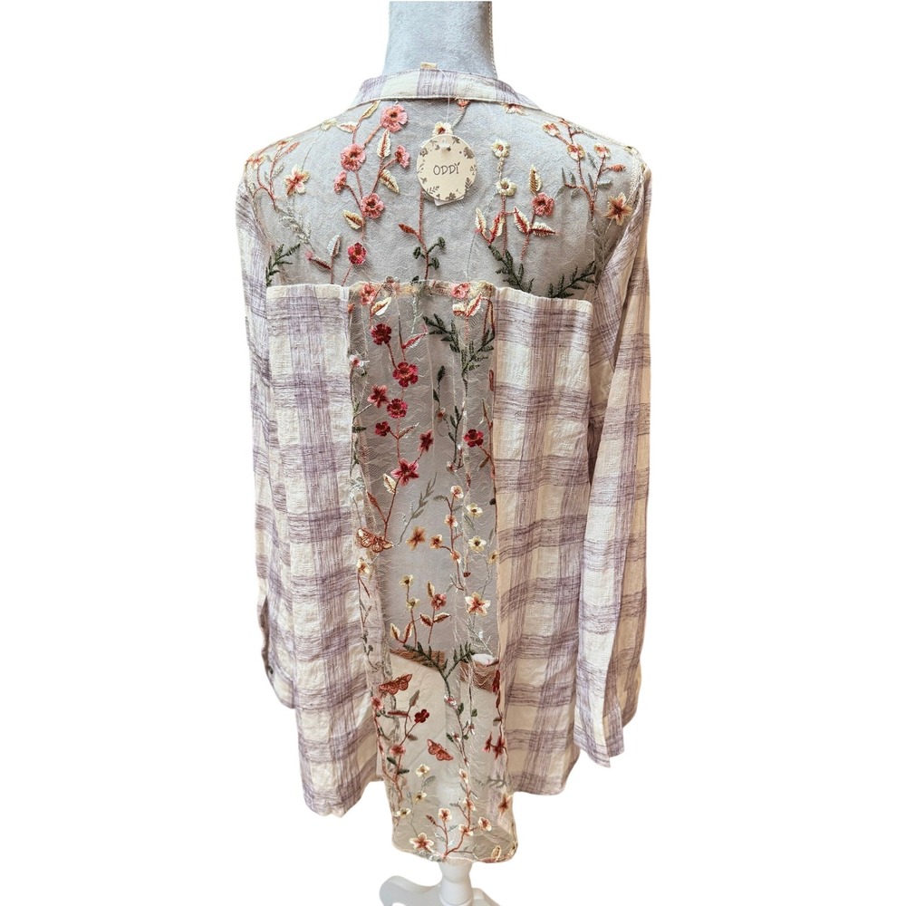 ODDI Boho Fall‎ Tunic Shirt XL Purple Plaid Floral Embroidered Sheer Mesh New